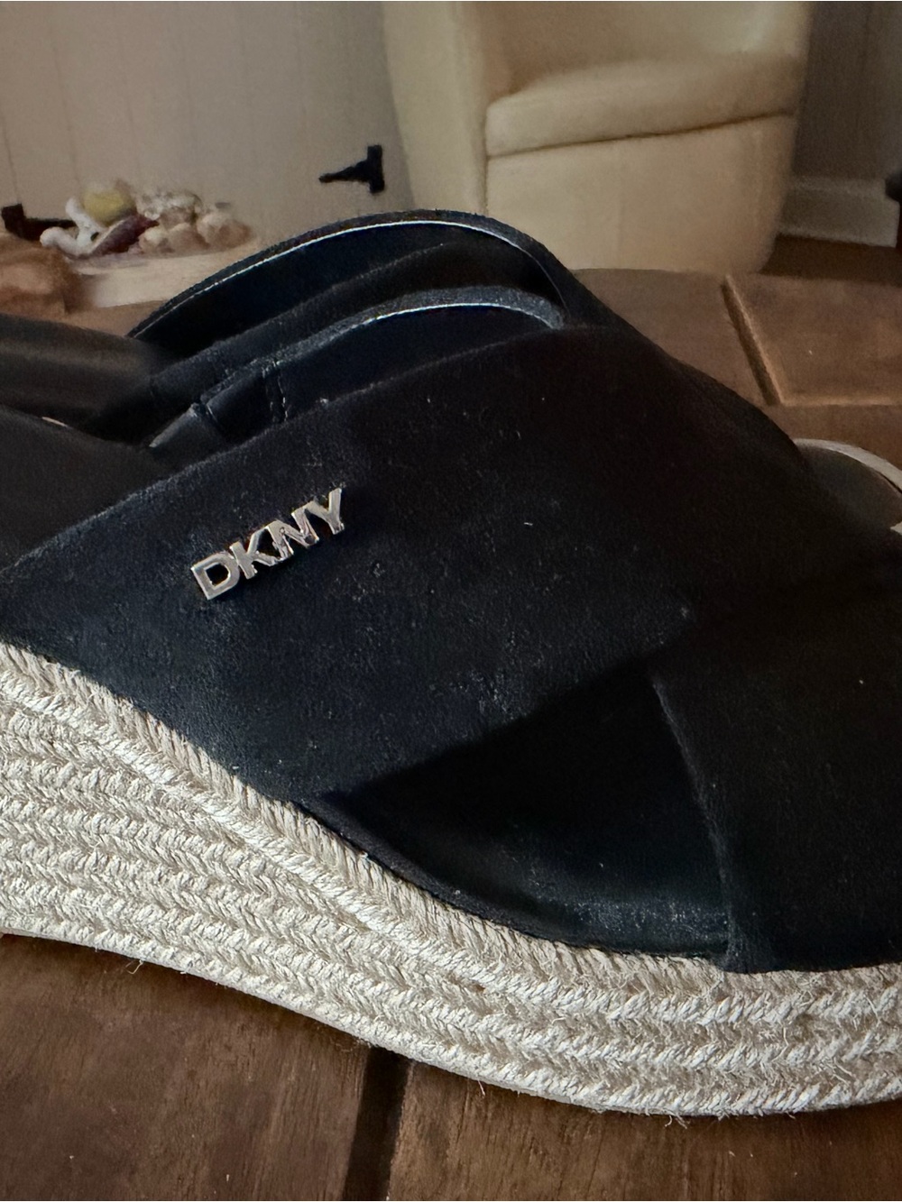DKNY Black Suede Crisscross Espadrille Wedges